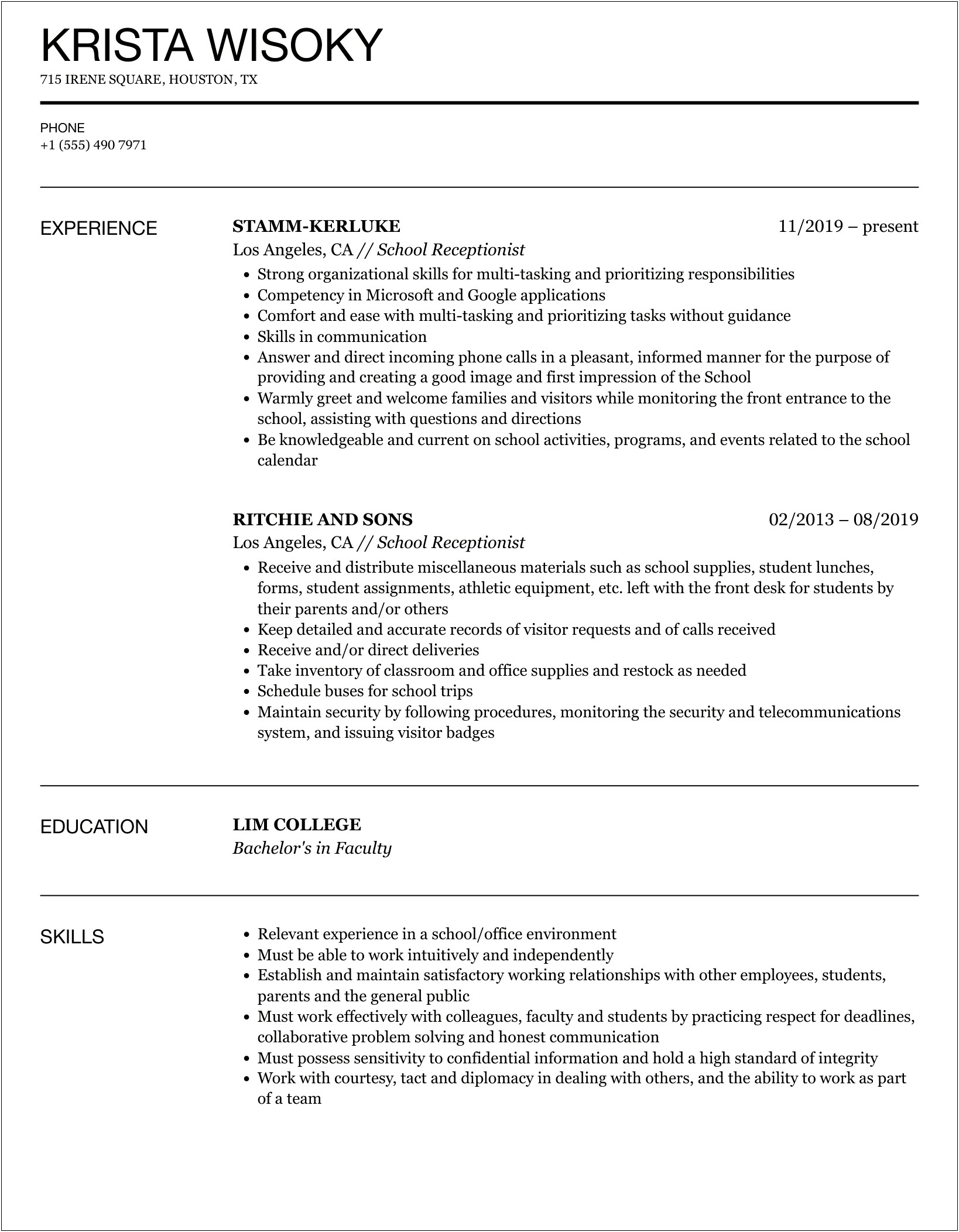 Resume Objective Elementary School Receptionist Example