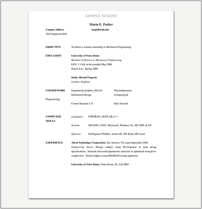 Resume Objective Examples Engineer Intern