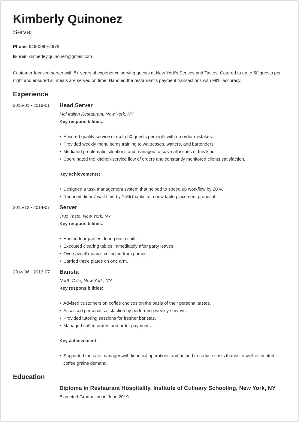 Resume Objective Examples For A Server