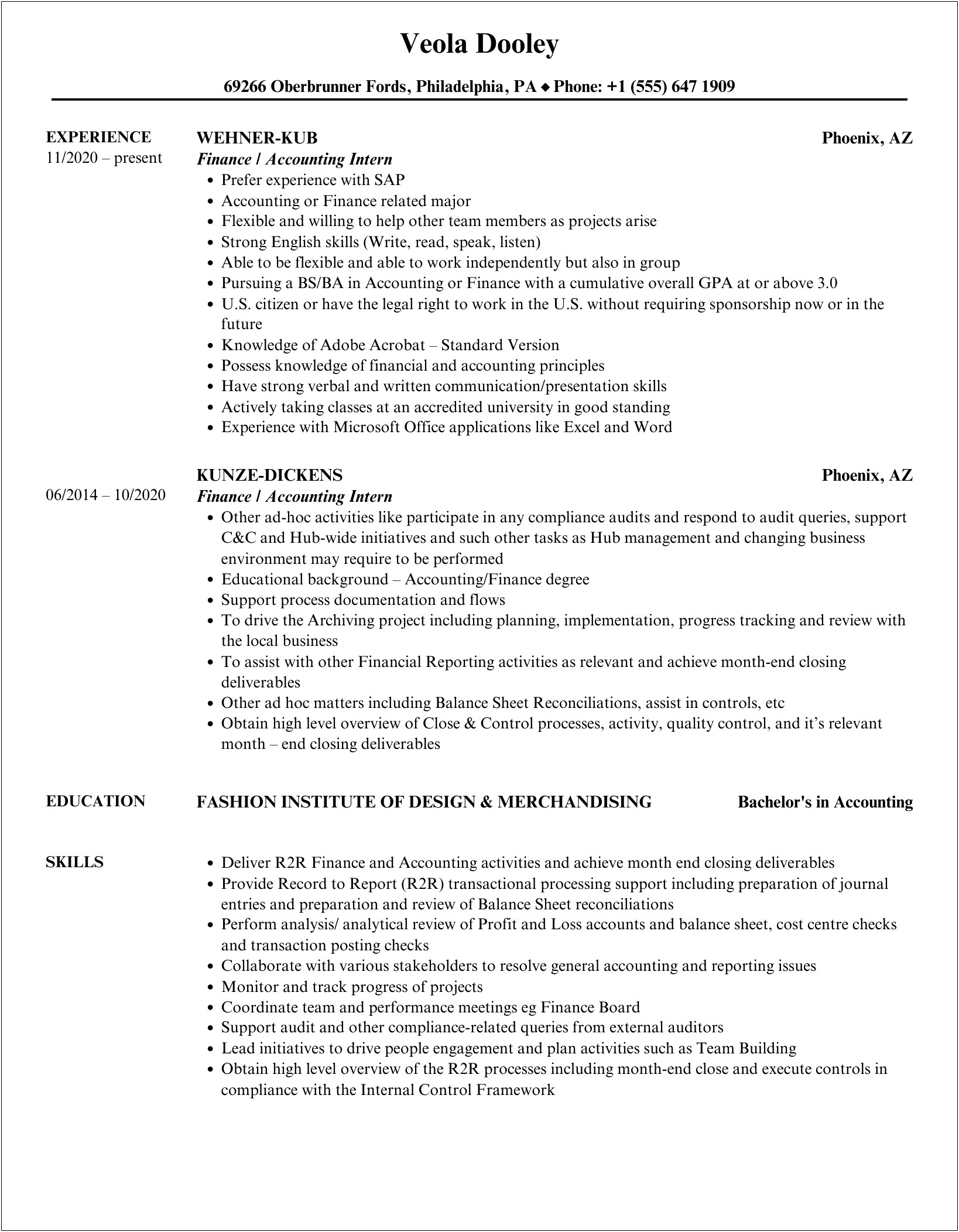 Resume Objective Examples For Accounting Internships