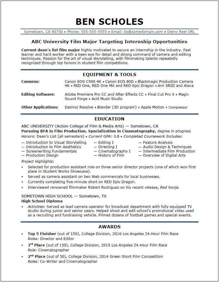 Resume Objective Examples For An Internship