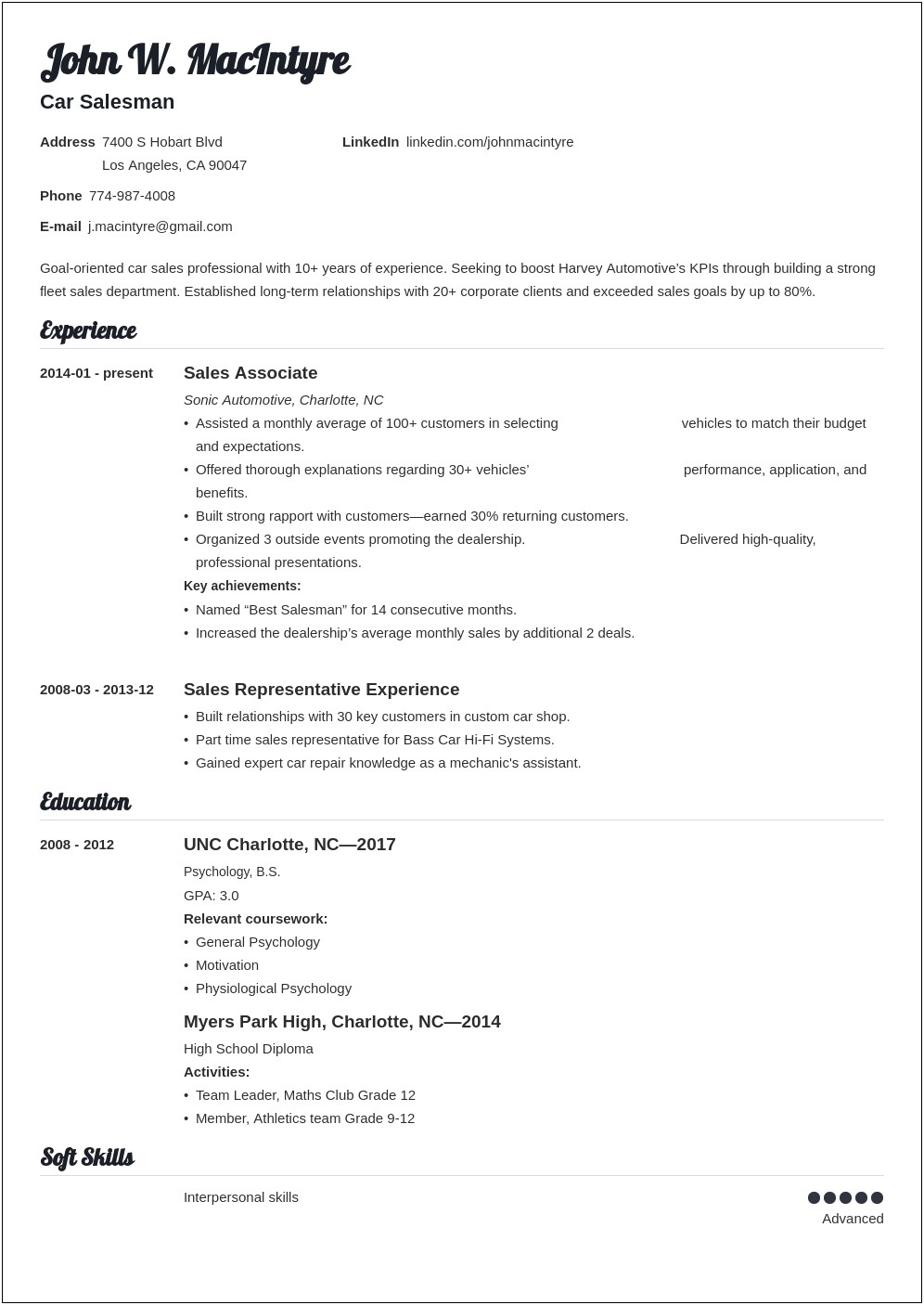 Resume Objective Examples For Car Parts Salesman