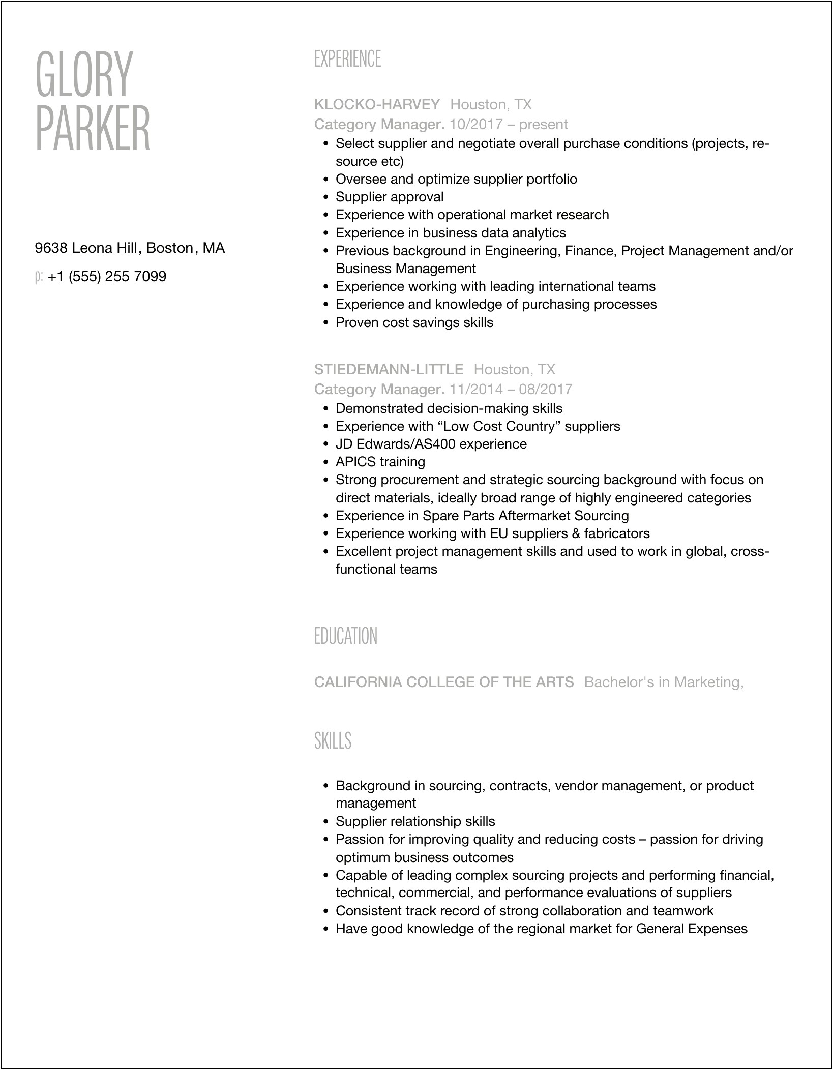 Resume Objective Examples For Category Manager