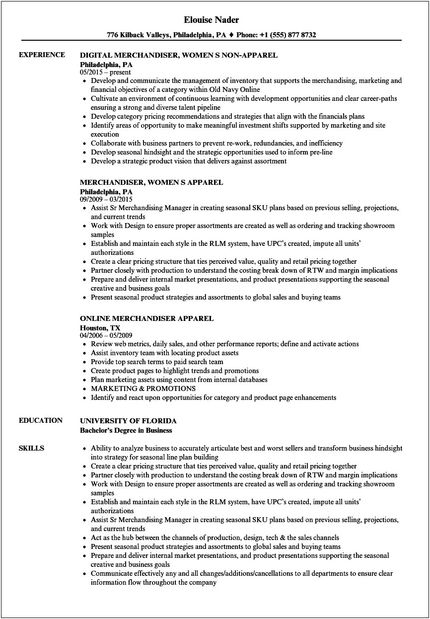 Resume Objective Examples For Fashion Merchandising