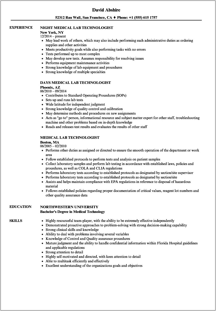 Resume Objective Examples For Lab Technician