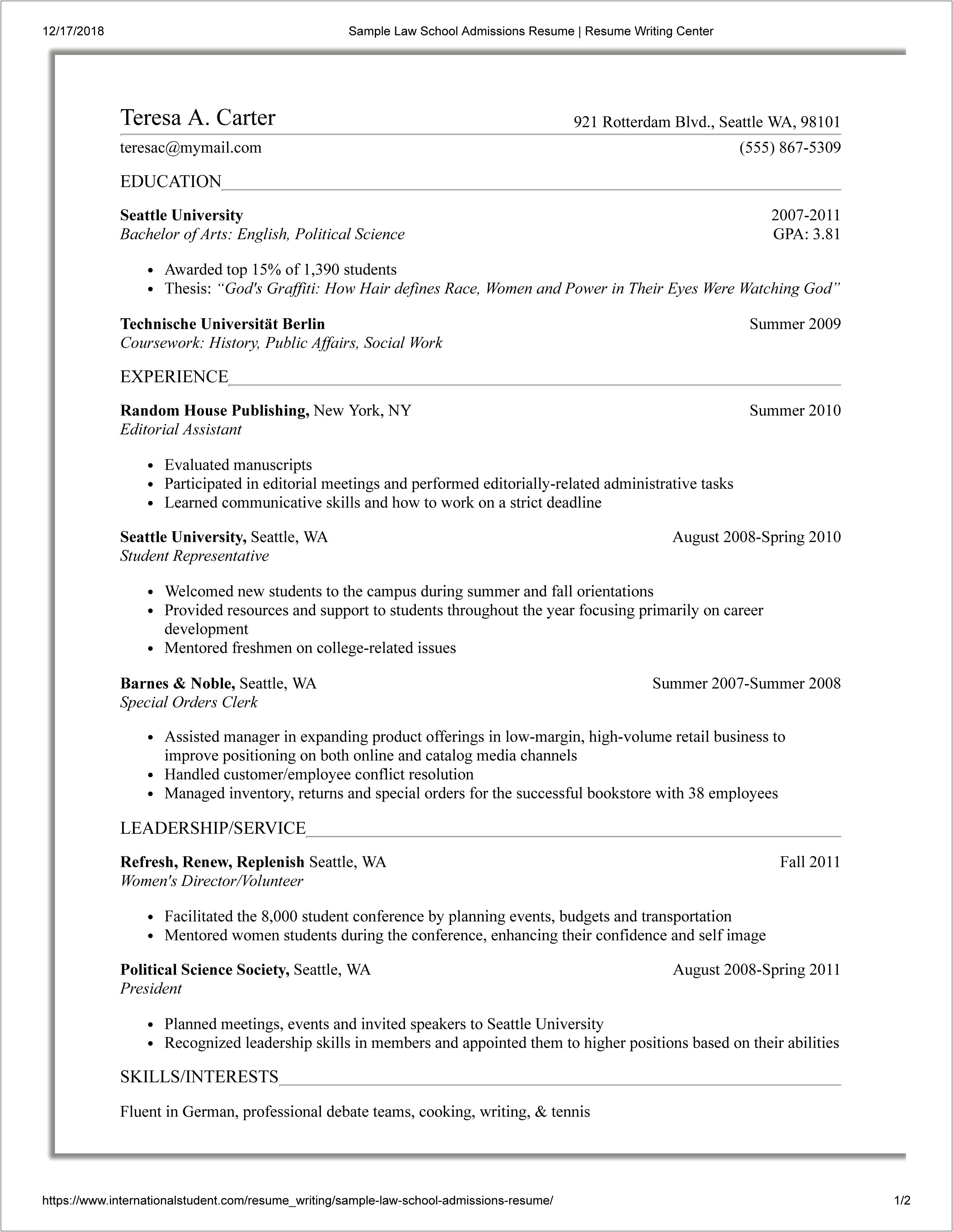 Resume Objective Examples For Law School