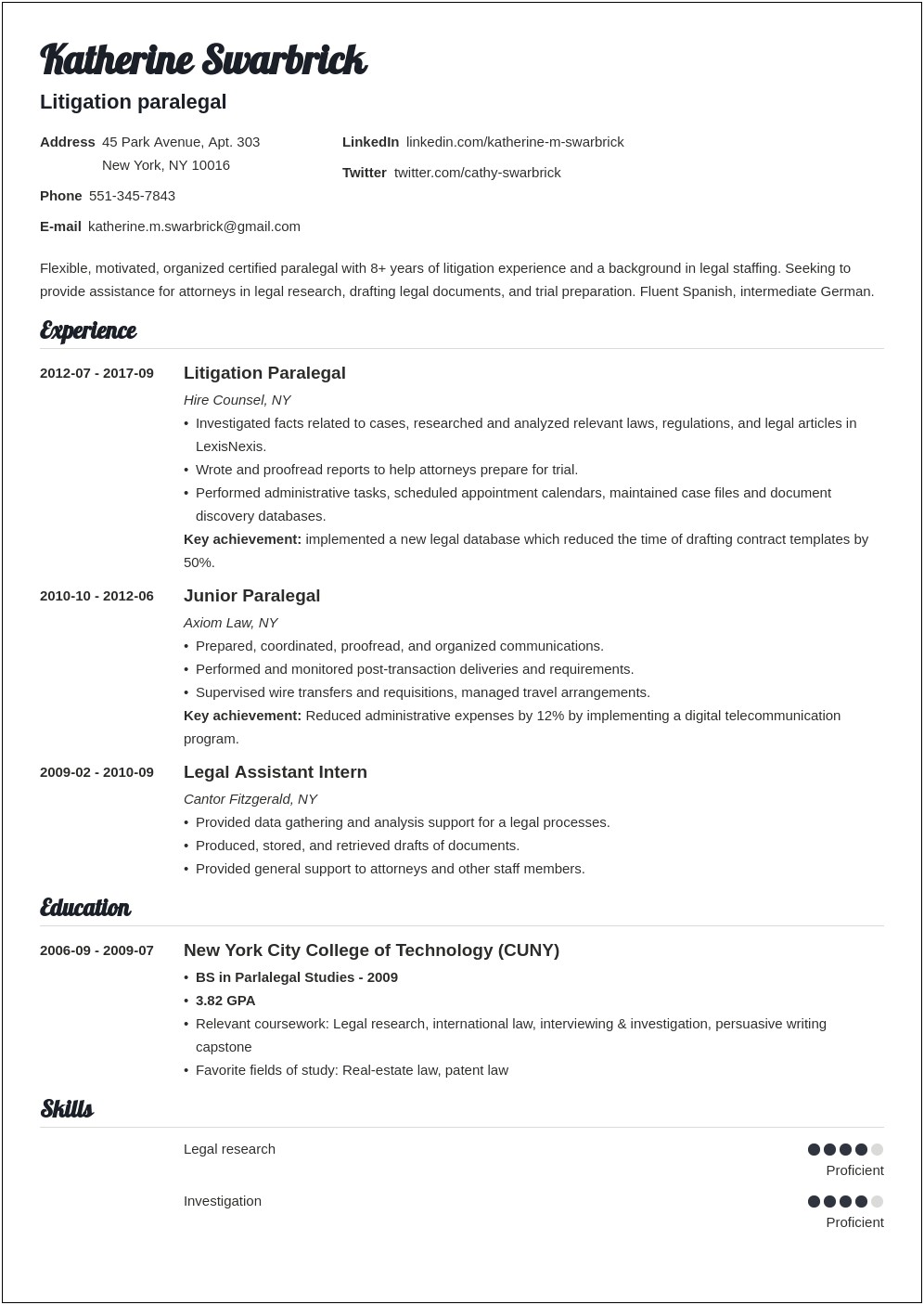 Resume Objective Examples For Legal Secretary