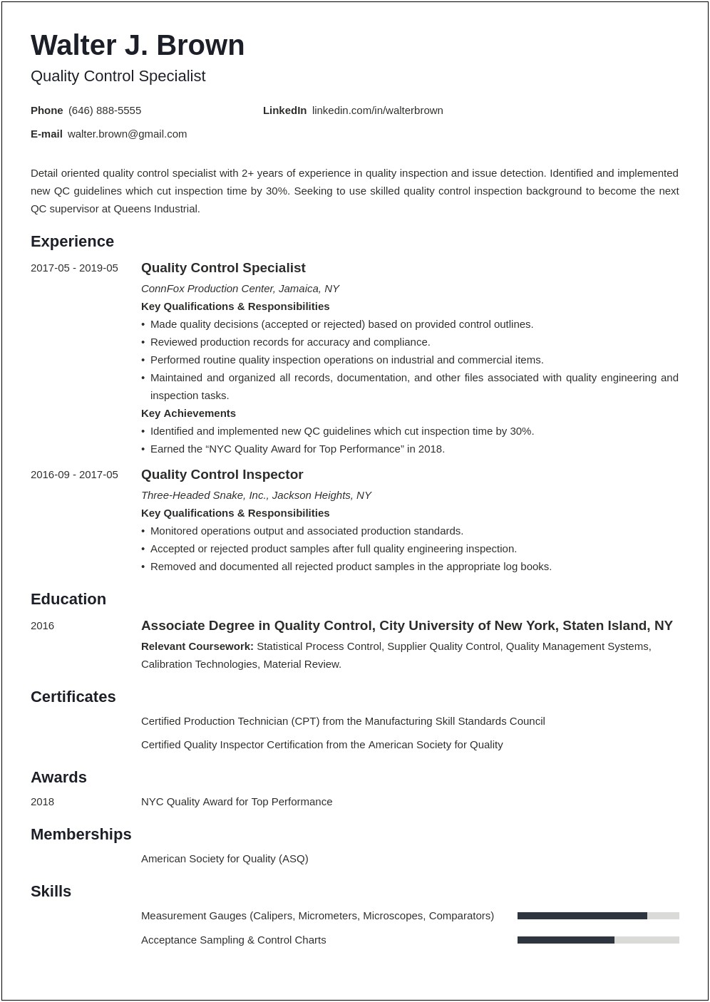 Resume Objective Examples For Quality Control