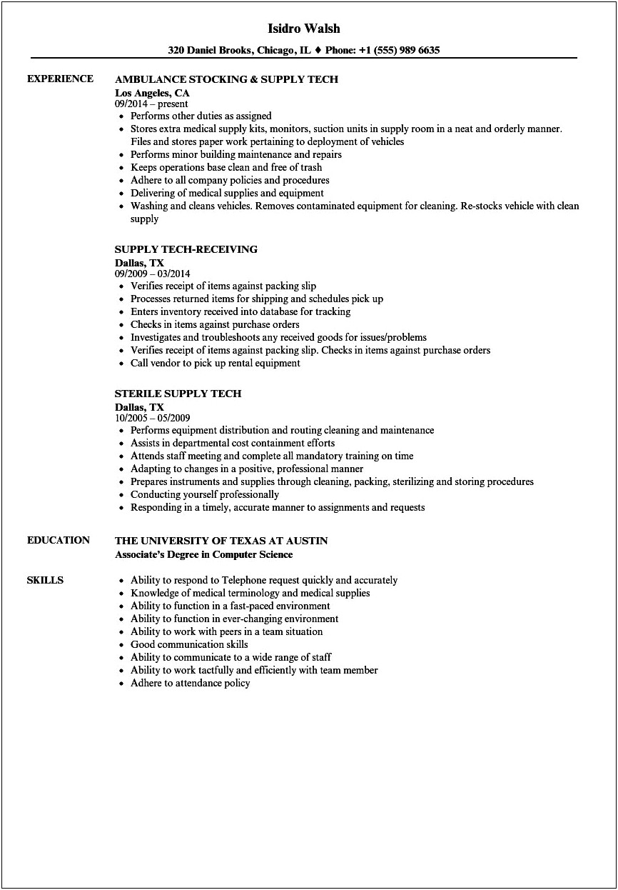 Resume Objective Examples For Supply Technician