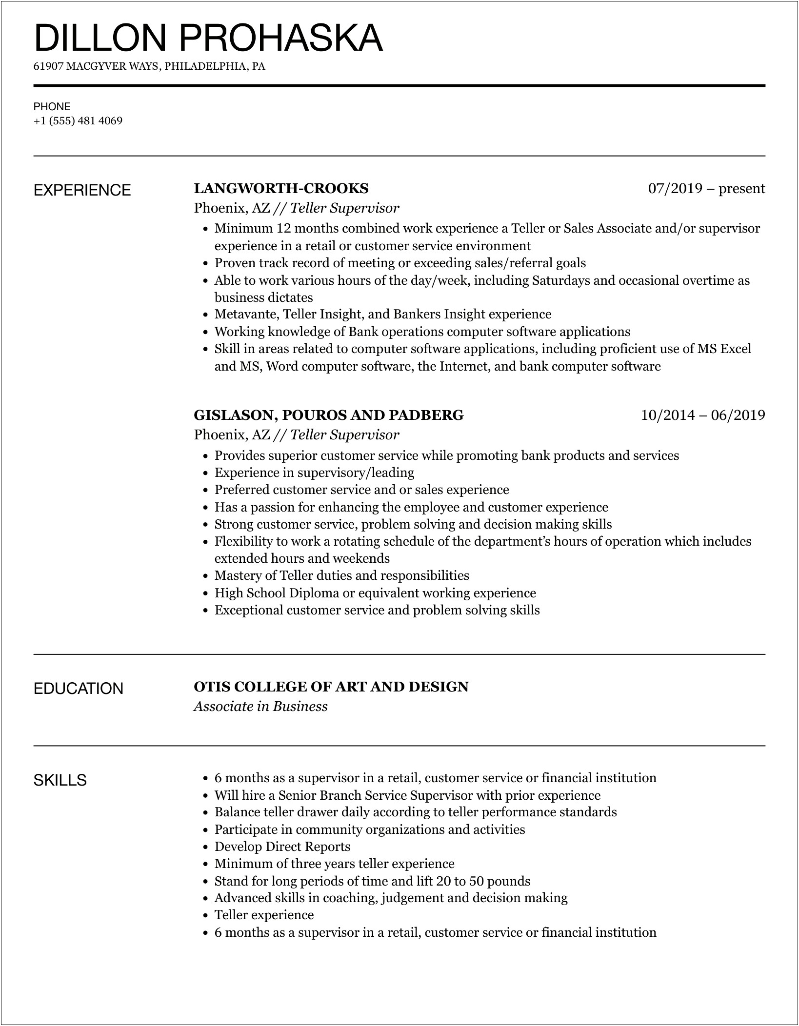 Resume Objective Examples For Teller Supervisor