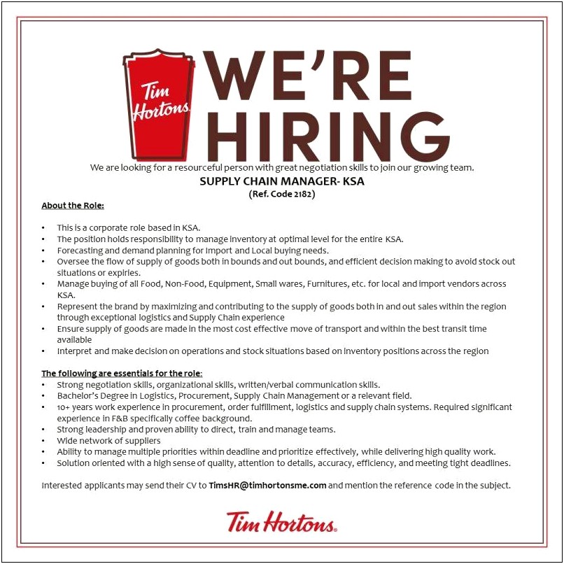 Resume Objective Examples For Tim Hortons