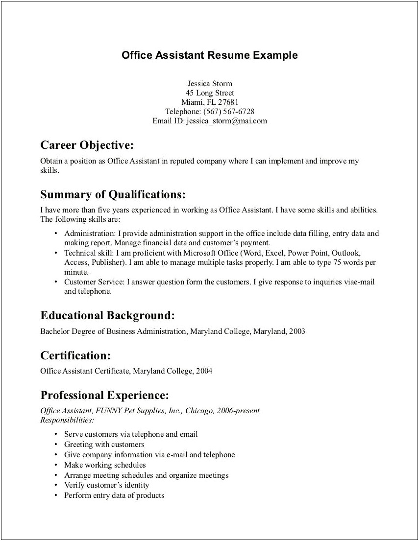 Resume Objective Examples No Work Experience