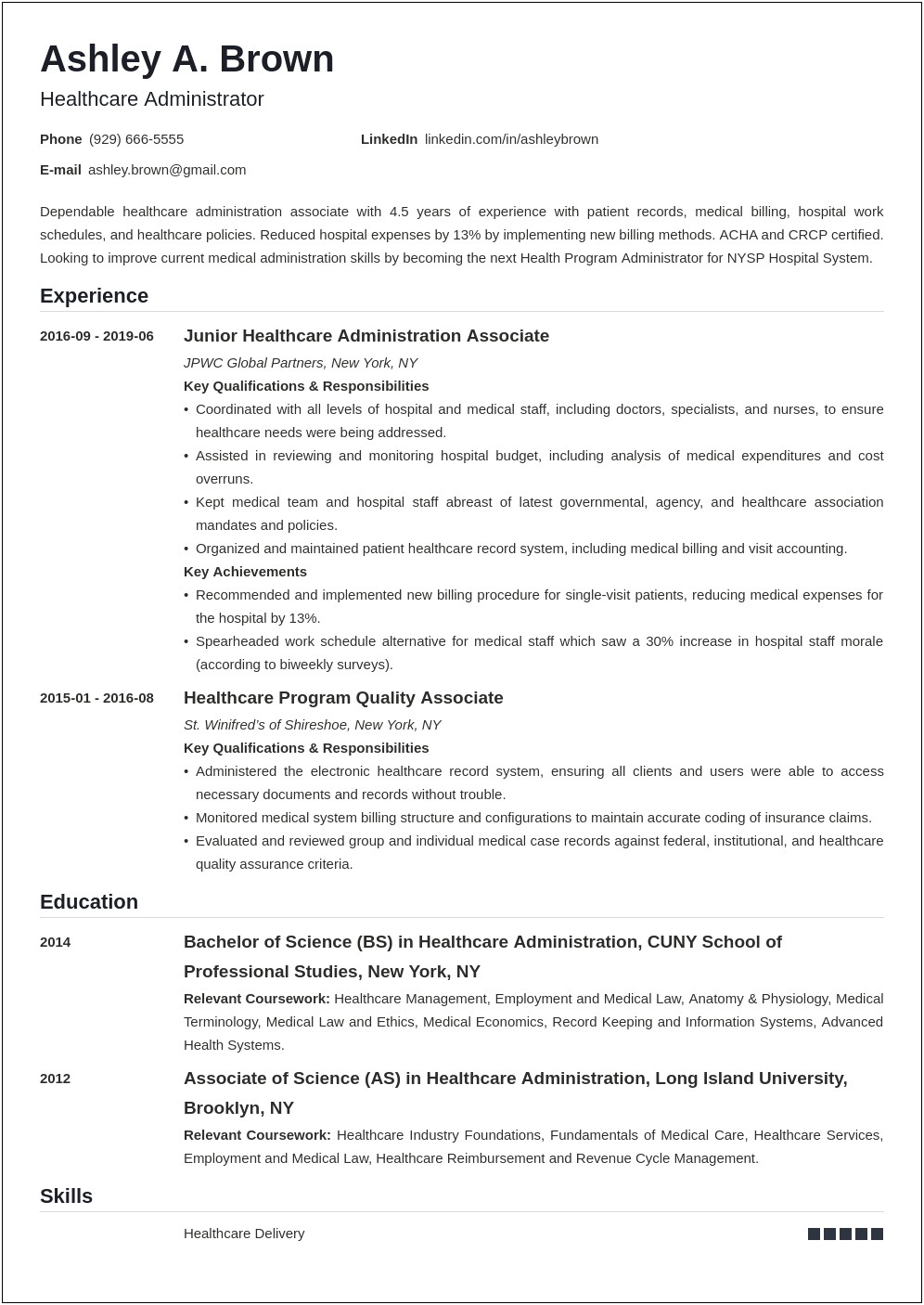 Resume Objective For A Health Science Administration
