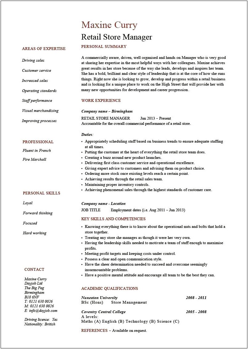 Resume Objective For A Retail Job