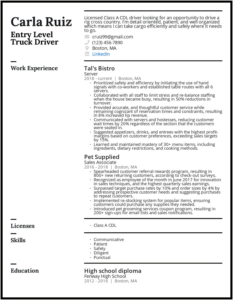 Resume Objective For A Truck Driver