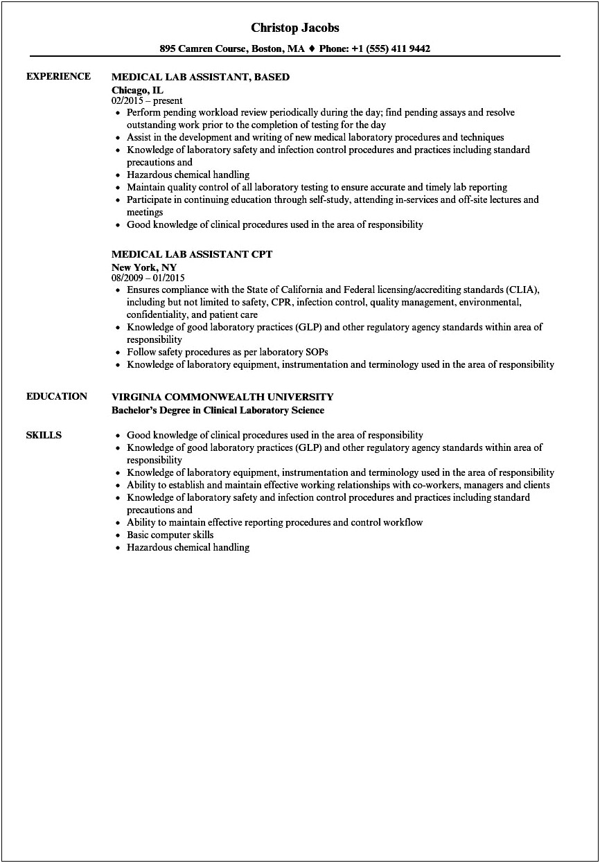 Resume Objective For Applying To Lab