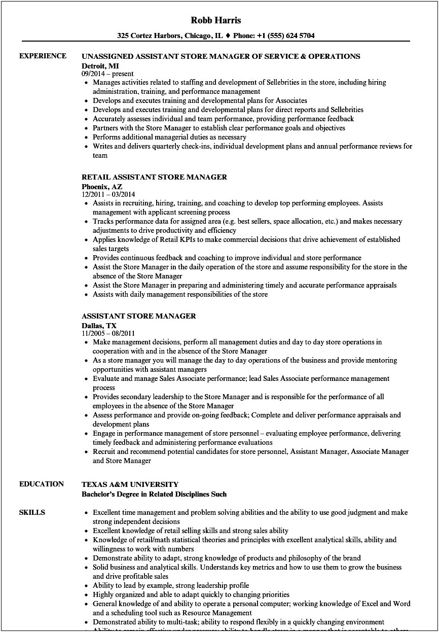 Resume Objective For Assistant Store Manager