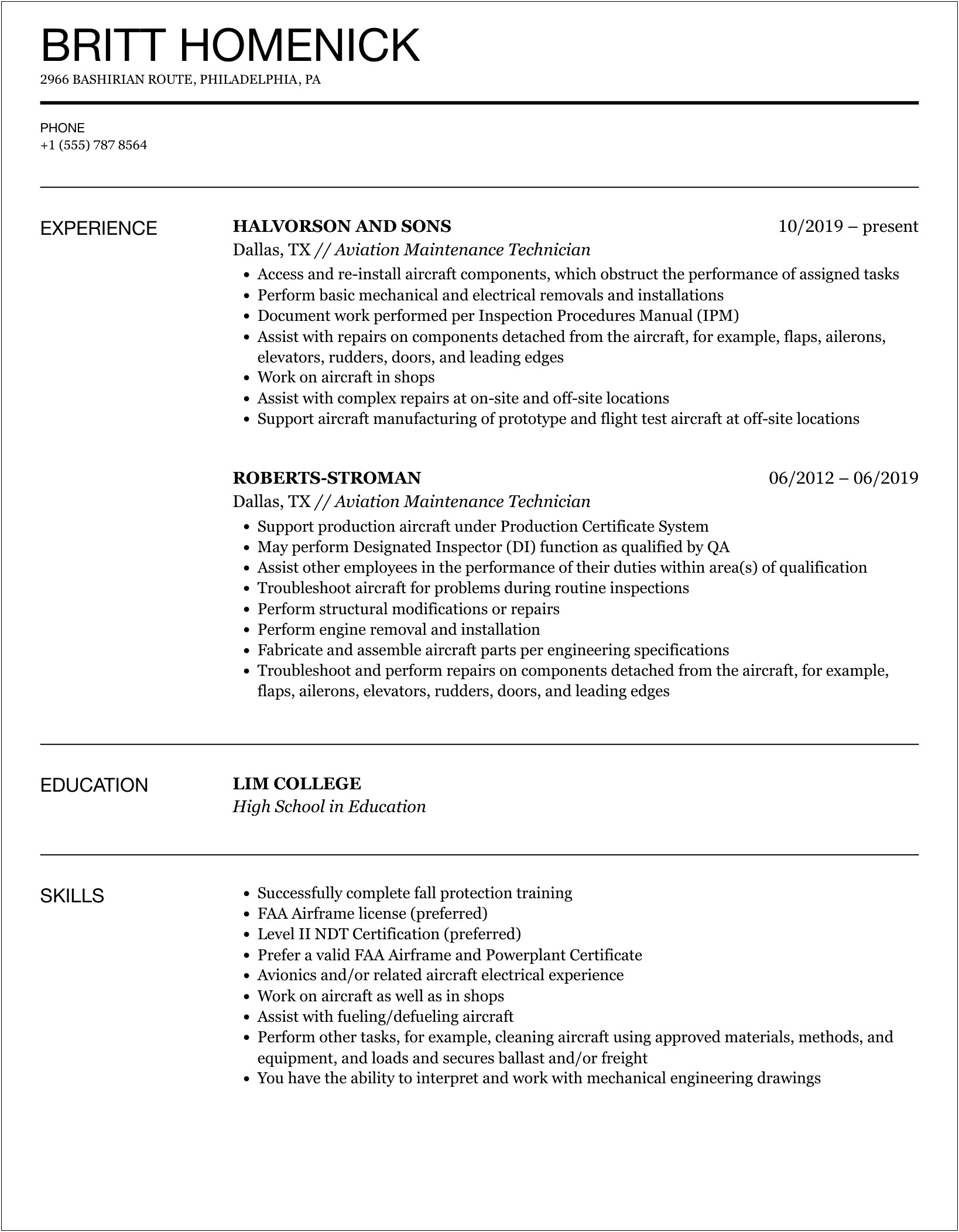 Resume Objective For Avmax Maintenance Technician