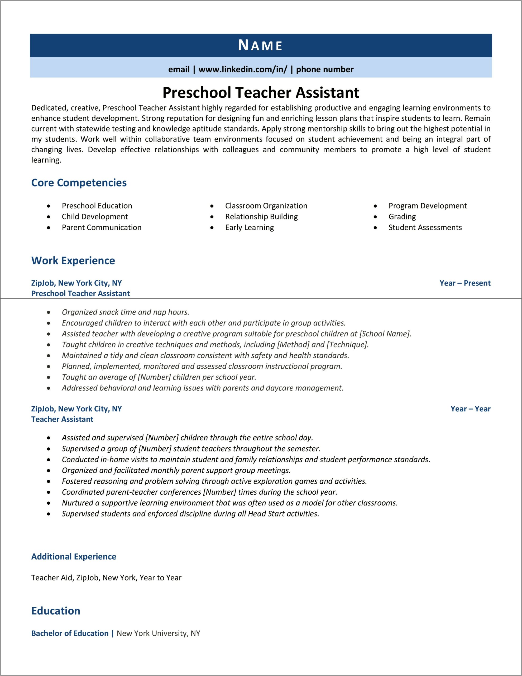 Resume Objective For Child Care Assistant