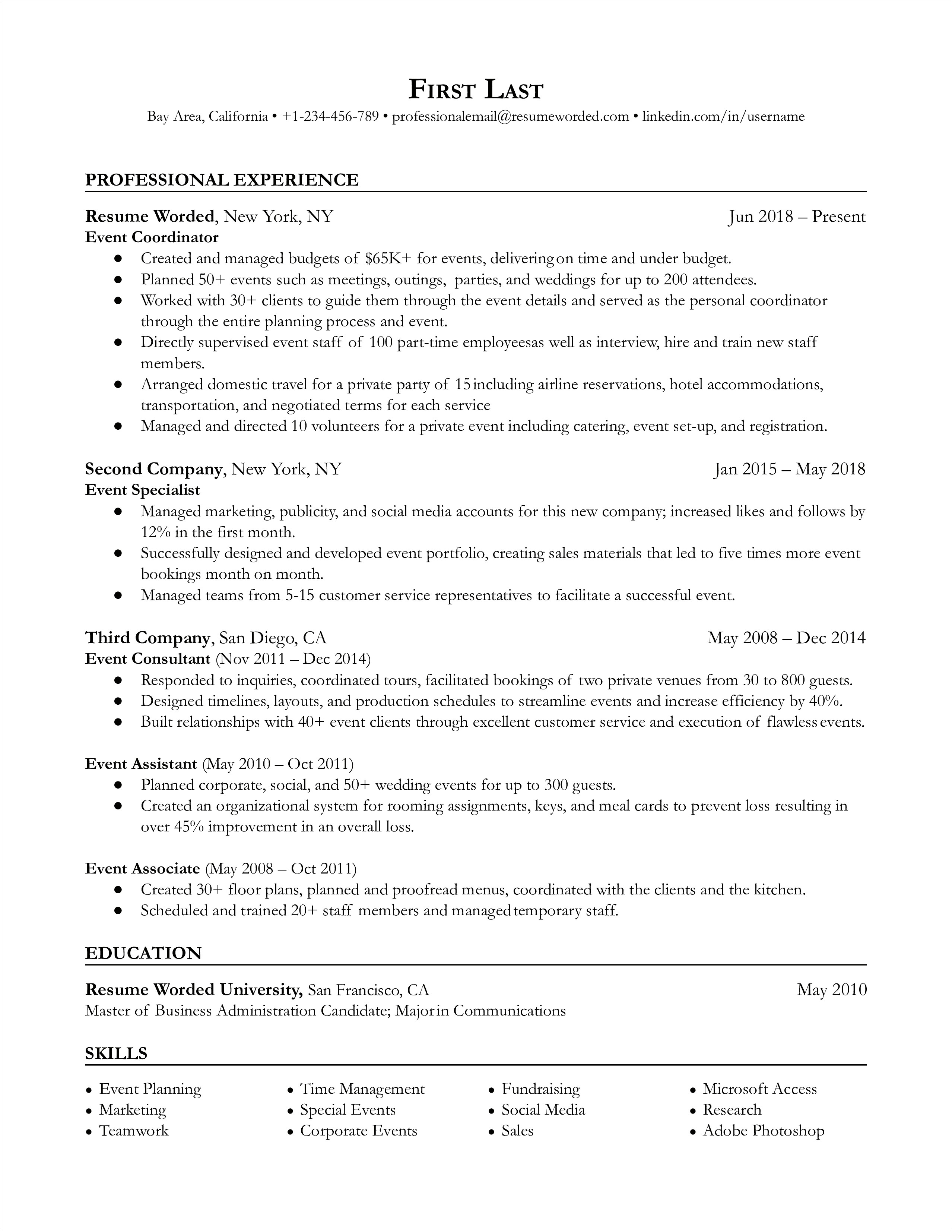 Resume Objective For Entry Level Event Planner