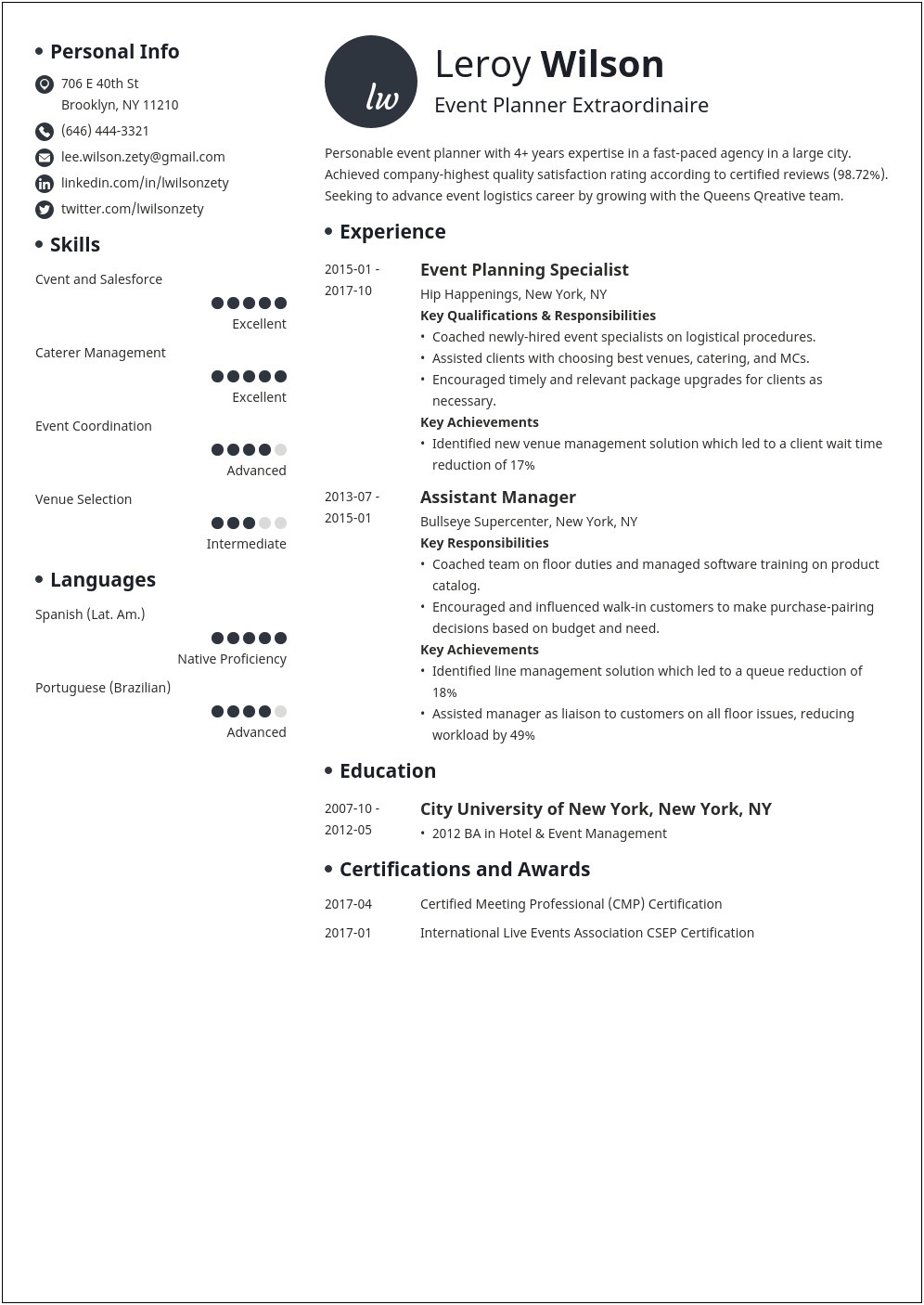 Resume Objective For Event Planner Internship