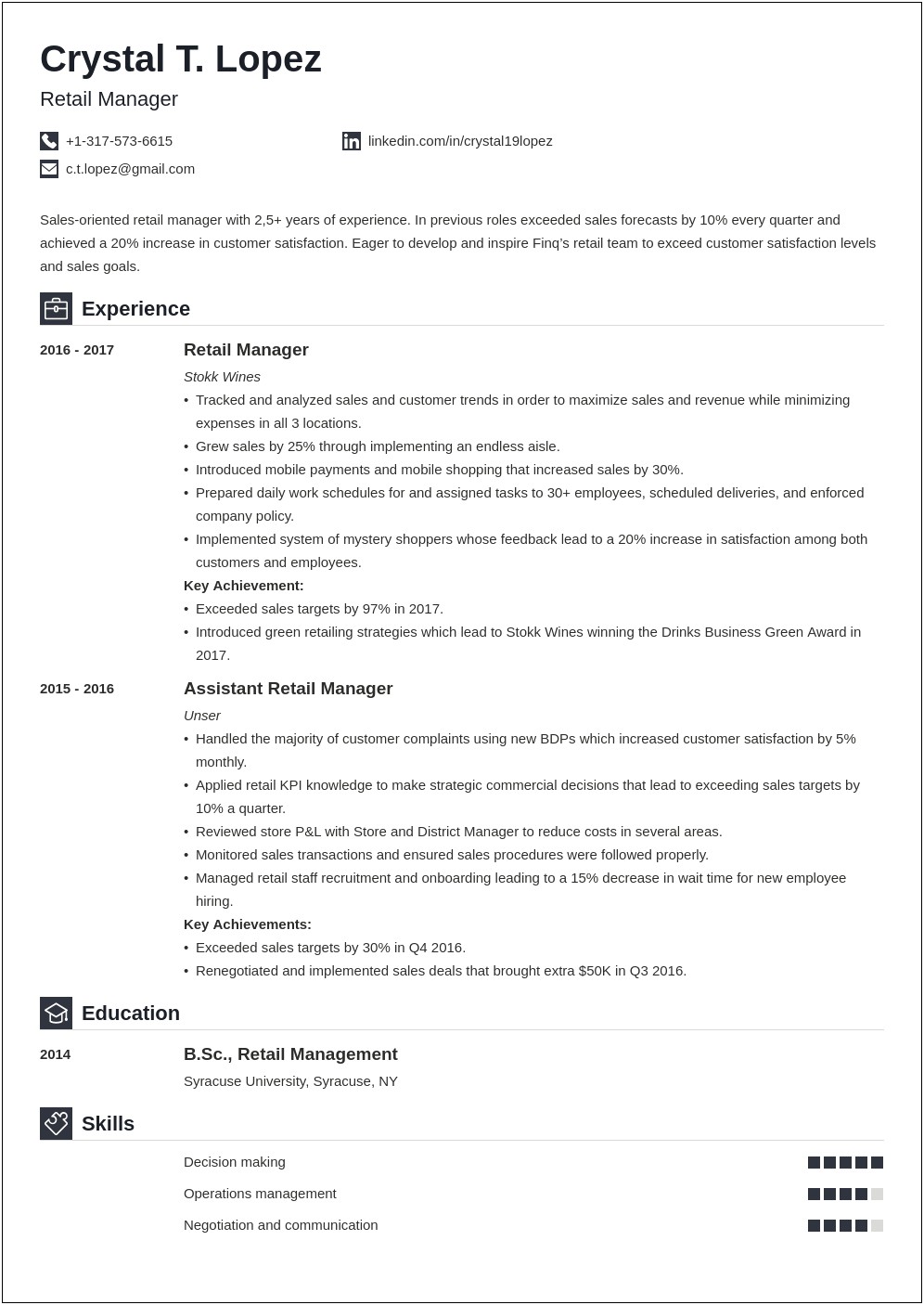 Resume Objective For Experienced Retail Manager