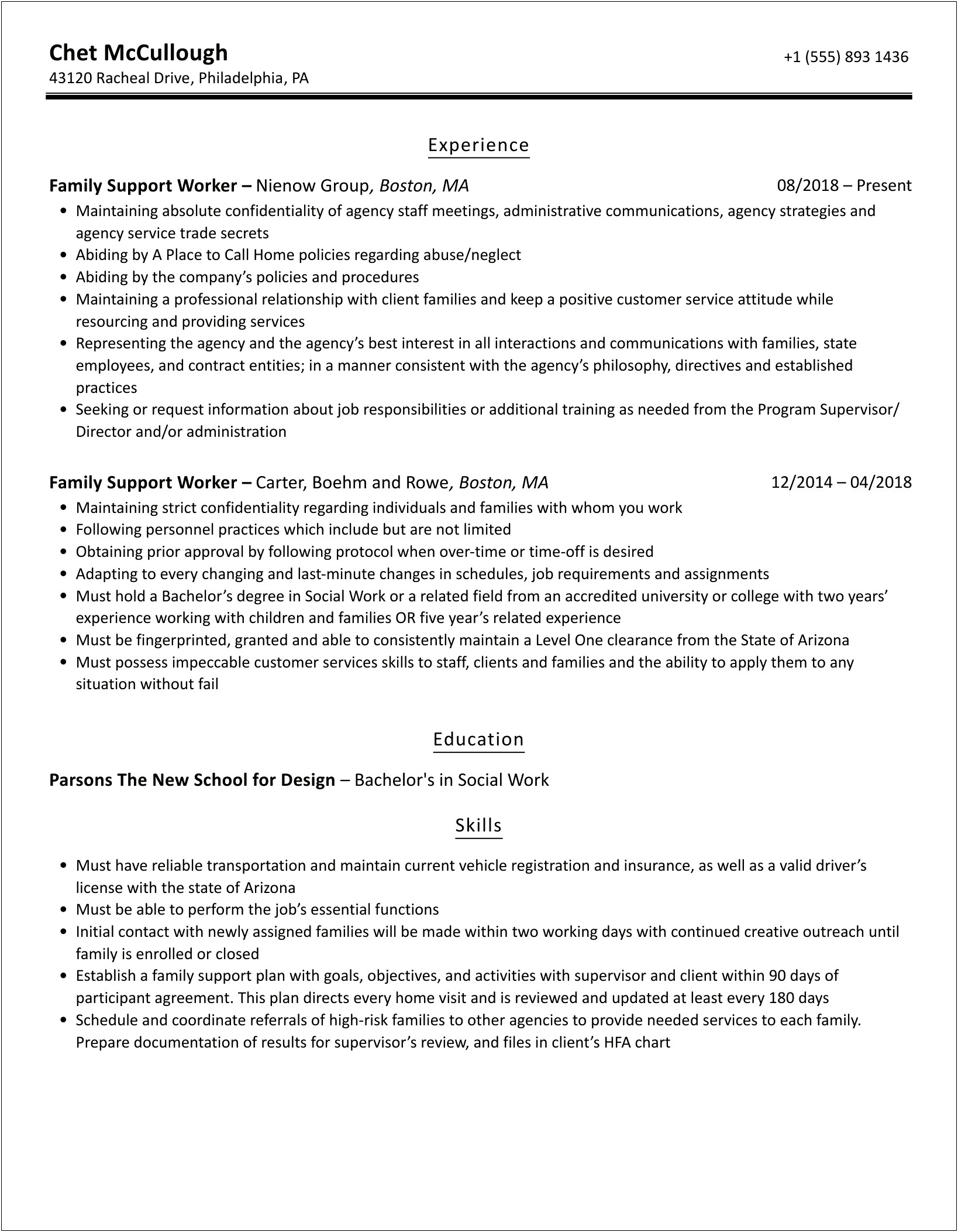 Resume Objective For Family Support Worker