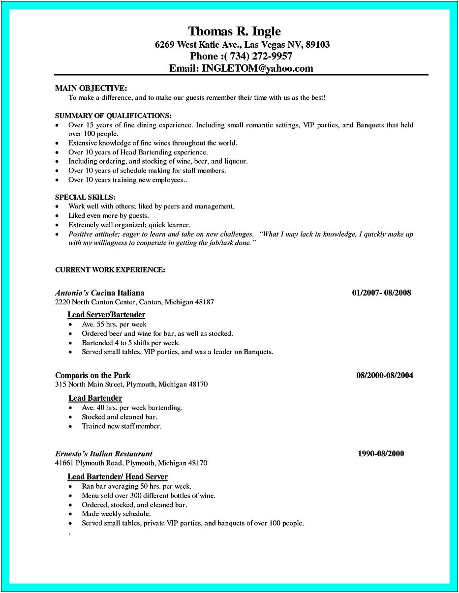 Resume Objective For Fine Dining Restaurant