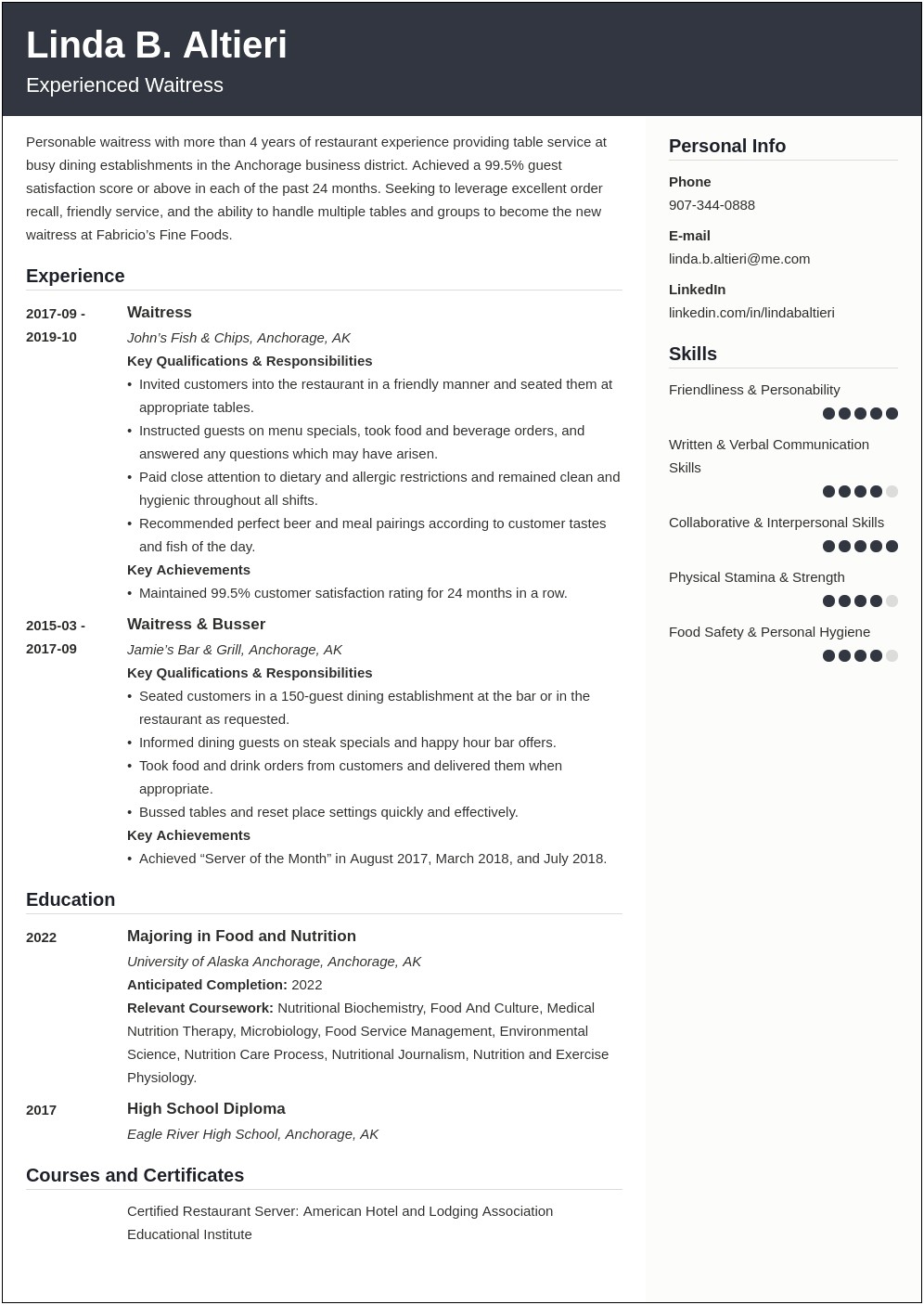 Resume Objective For Fine Dining Server