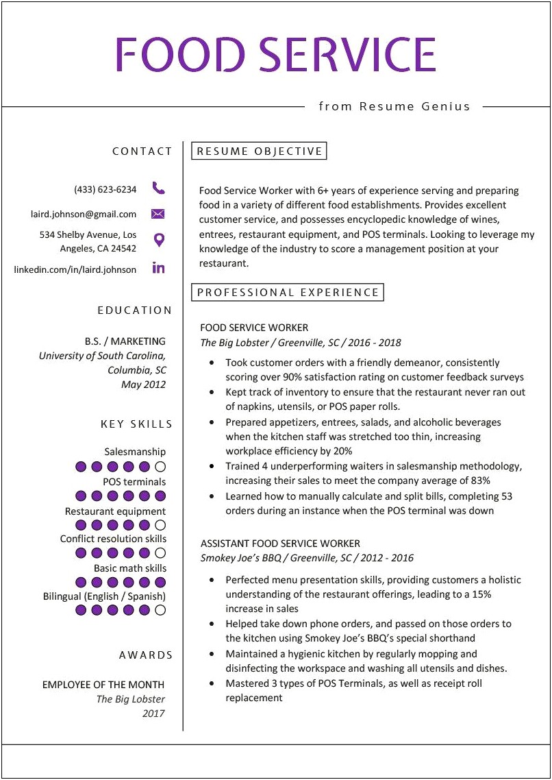 Resume Objective For Food Call Center