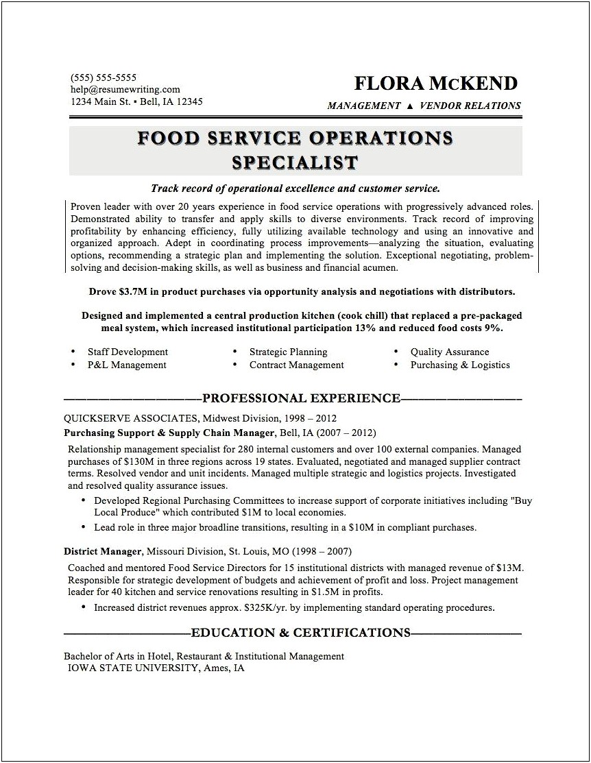 Resume Objective For Food Service Management