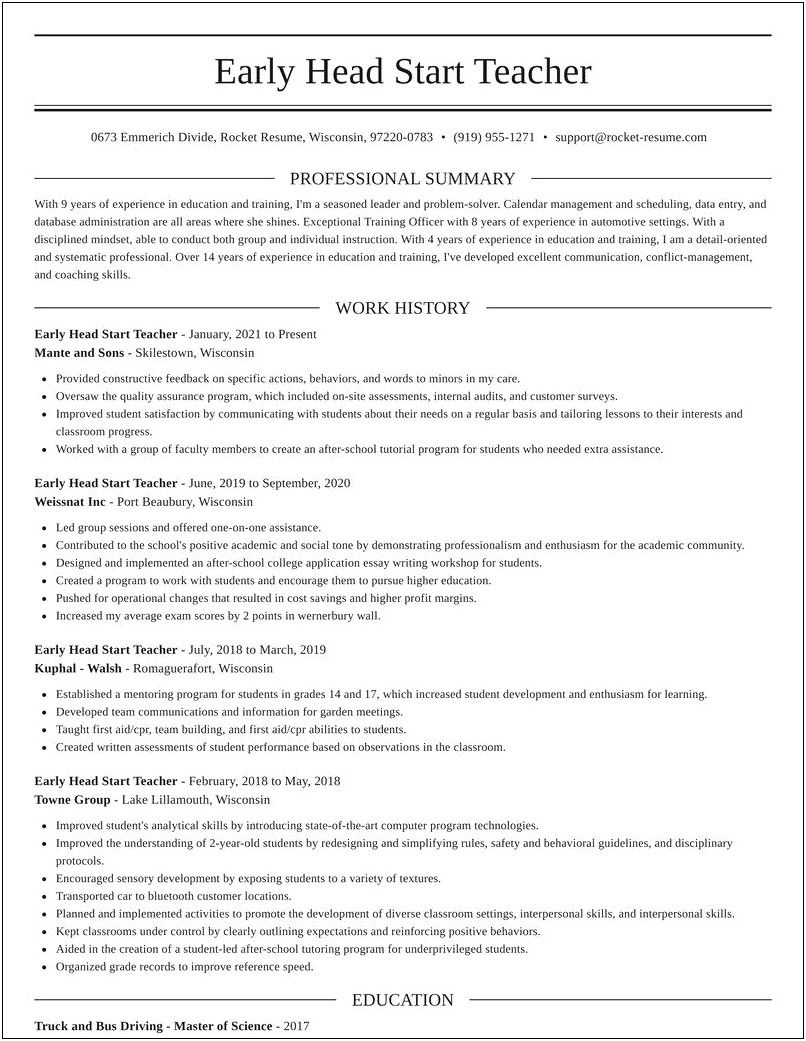 Resume Objective For Head Start Teacher