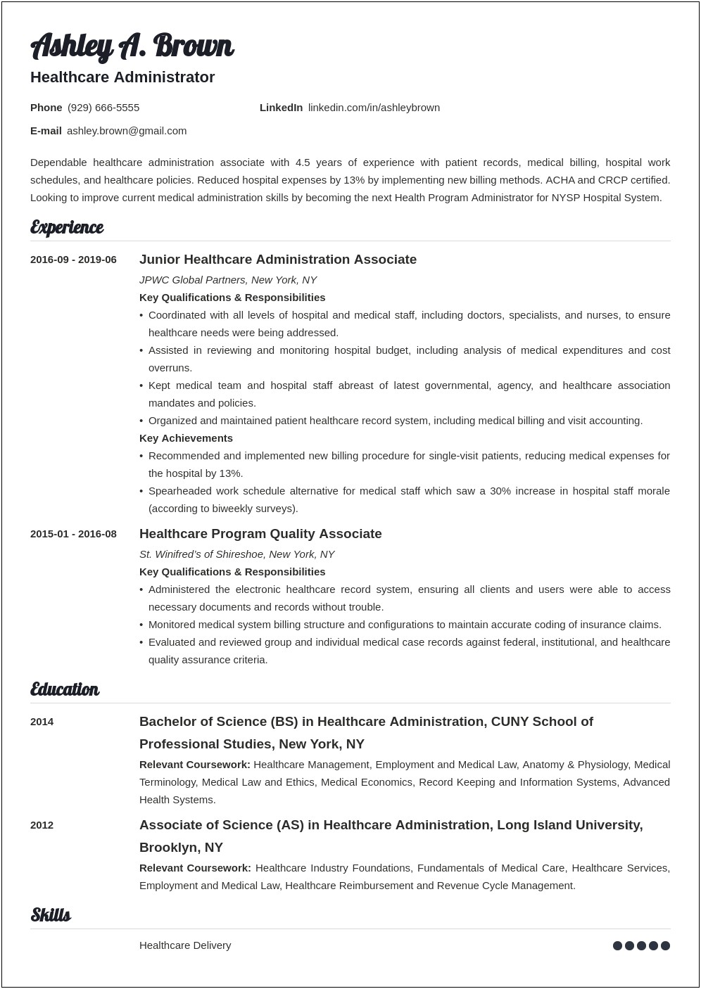 Resume Objective For Health Service Administration