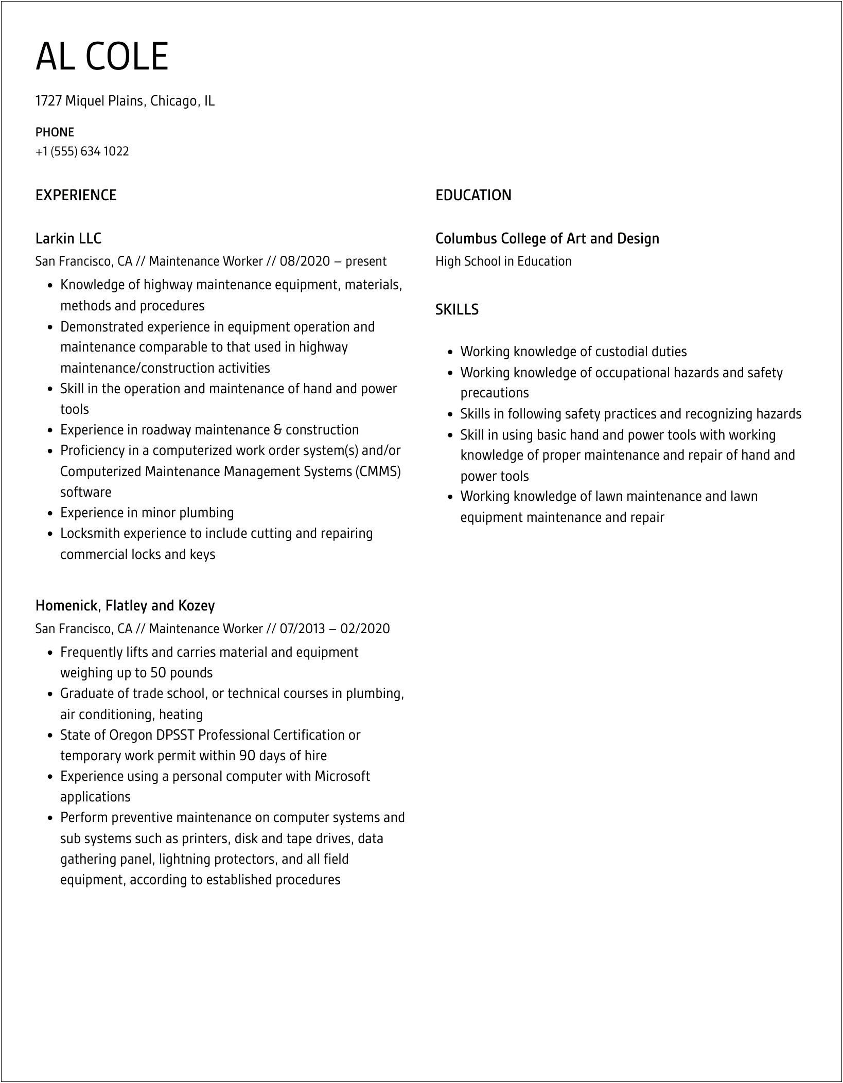 Resume Objective For Highway Maintenance Worker