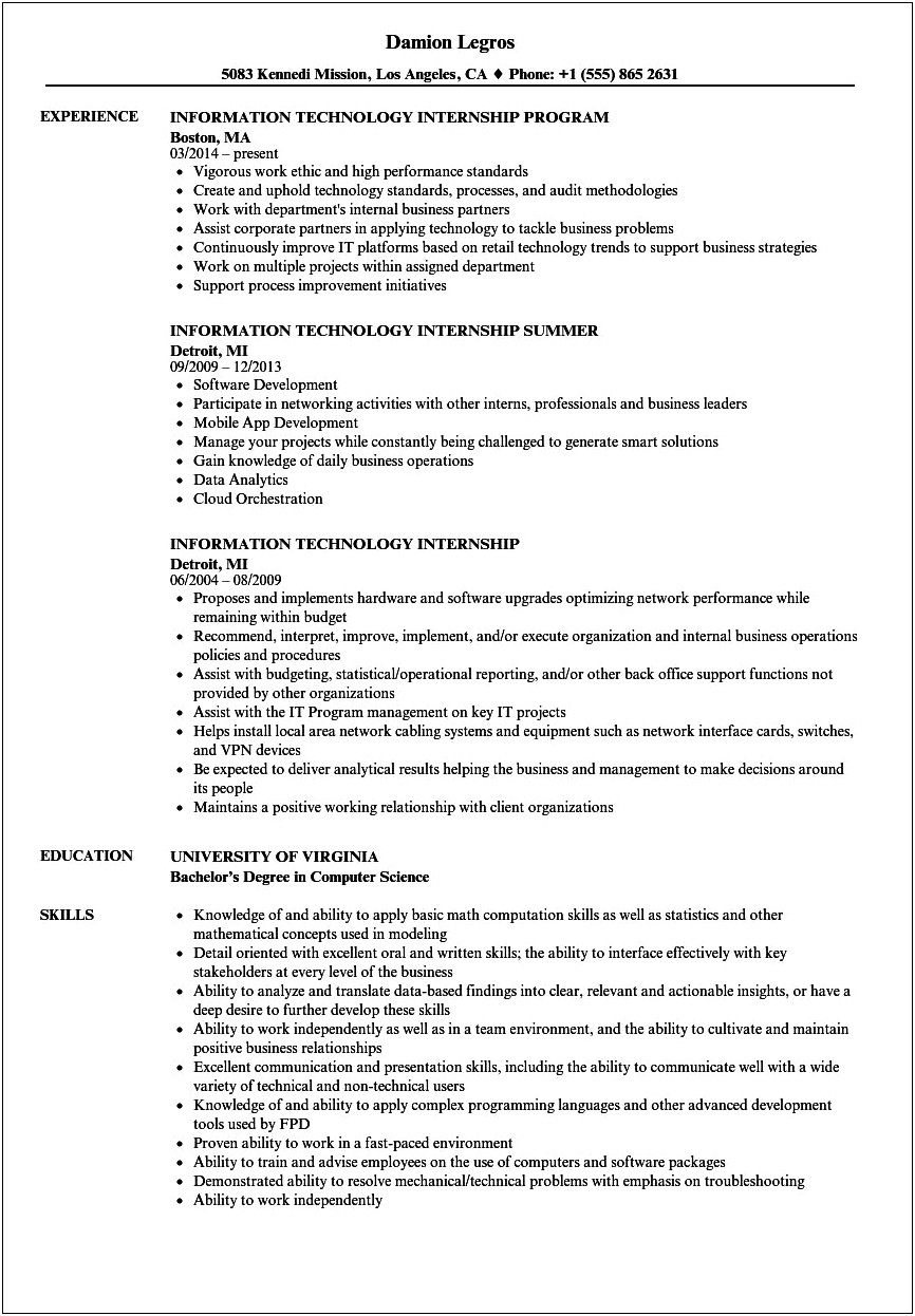 Resume Objective For Internship Information Technology