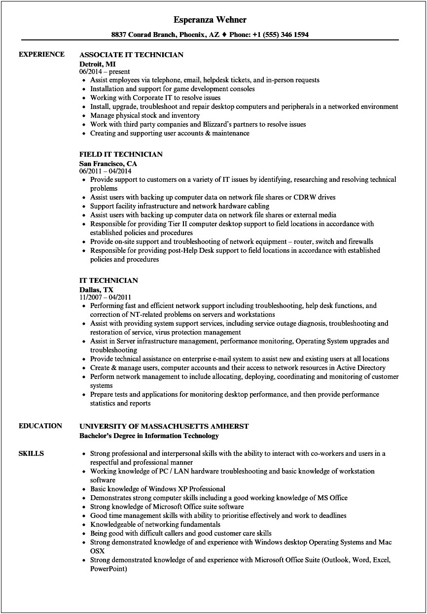 Resume Objective For It Tech Computer