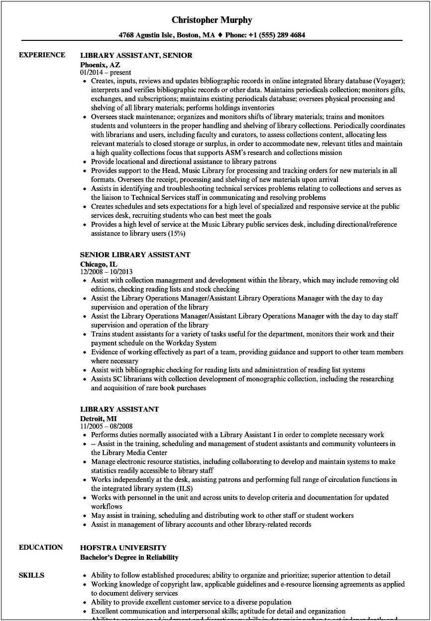 Resume Objective For Library Circulation Manager