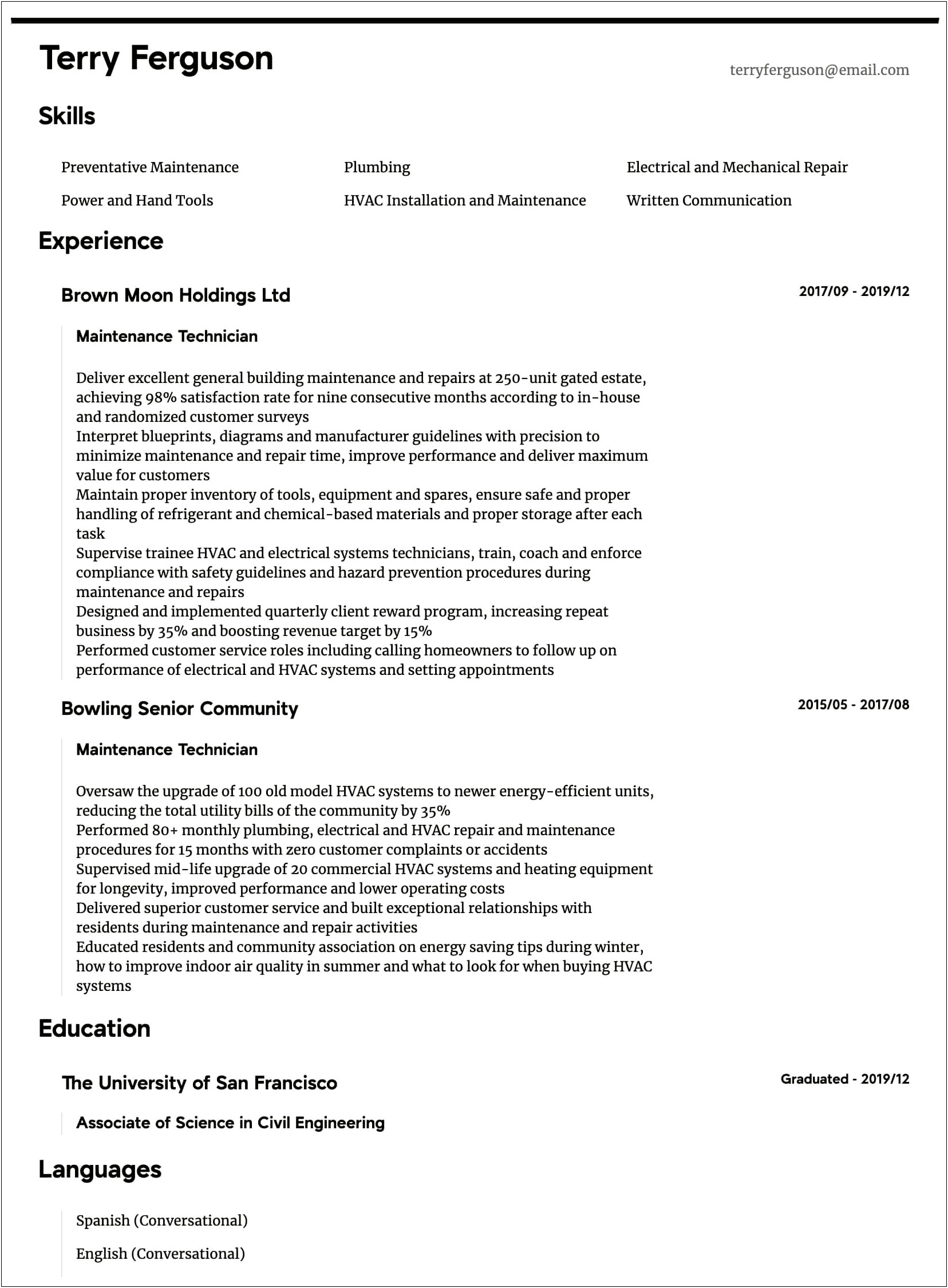 Resume Objective For Maintenance Technician Position