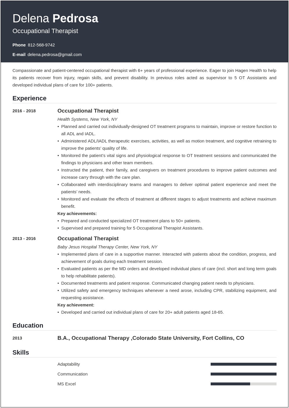 Resume Objective For Occupational Therapist For University