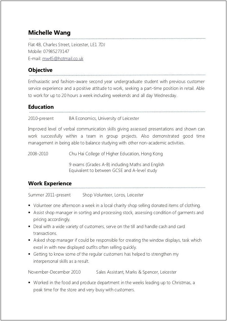 Resume Objective For Part Time Job Exampl