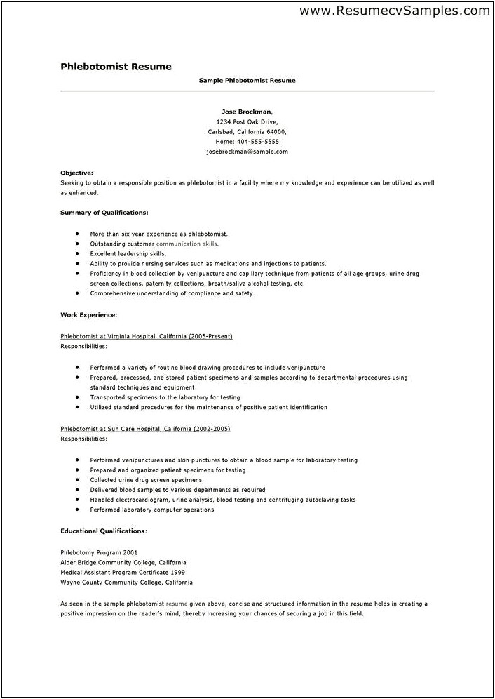 Resume Objective For Phlebotomist With Experience