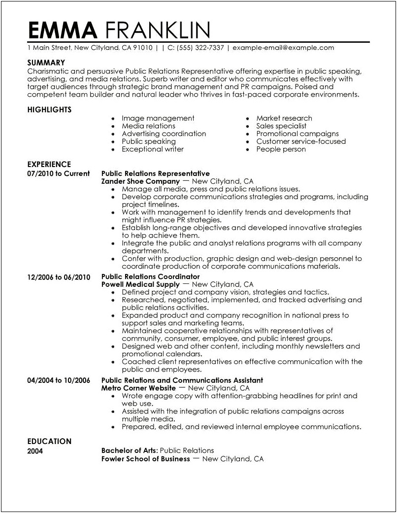 Resume Objective For Public Relations Internship