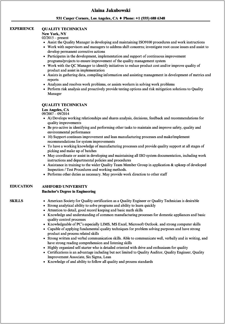 Resume Objective For Quality Assurance Technician