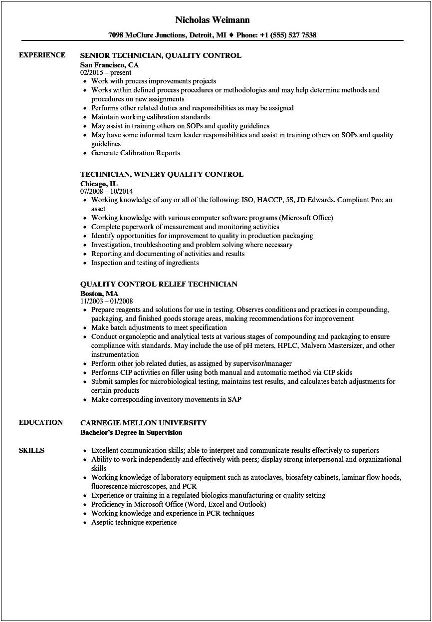 Resume Objective For Quality Control Worker
