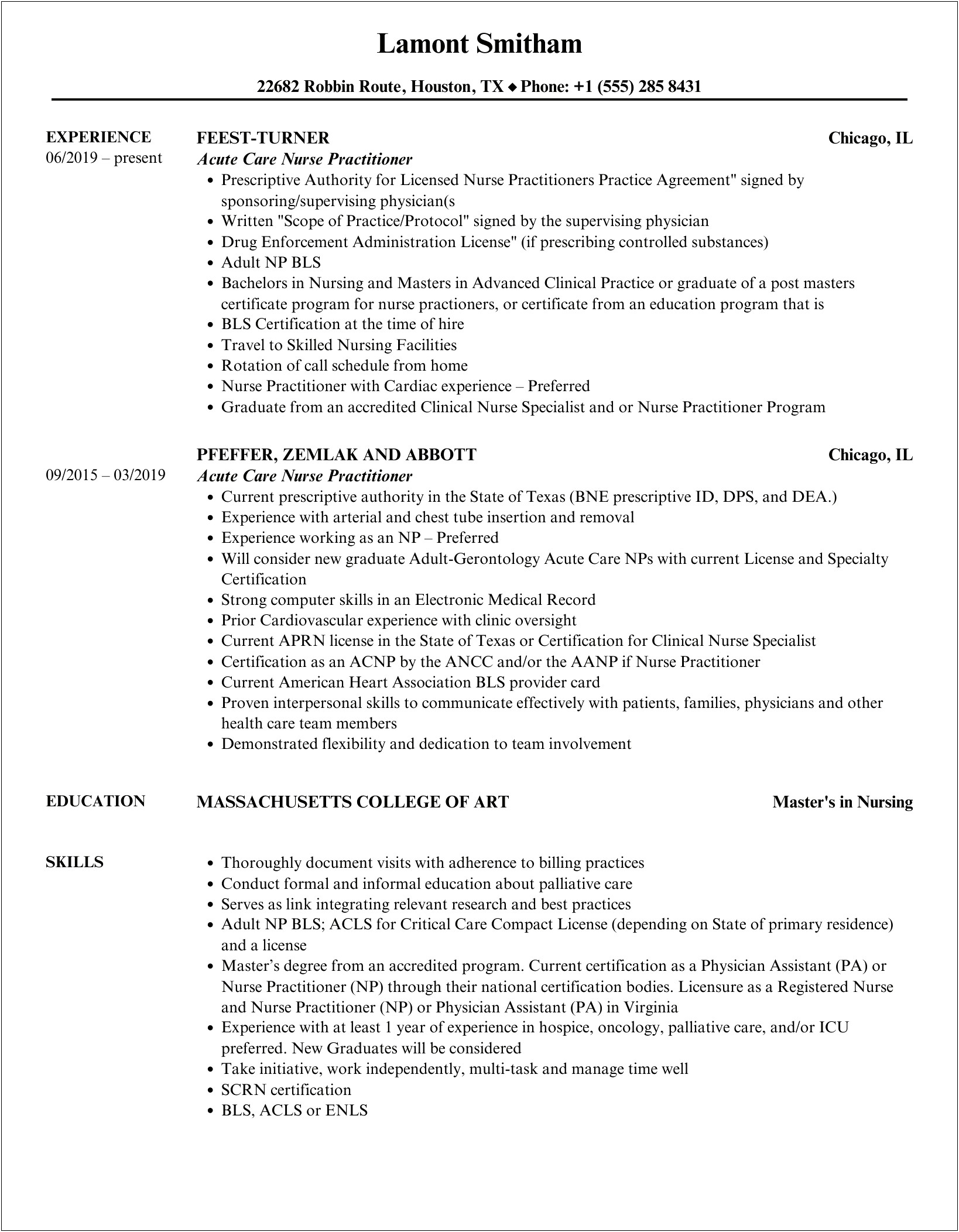 Resume Objective For Sub Acute Care Np