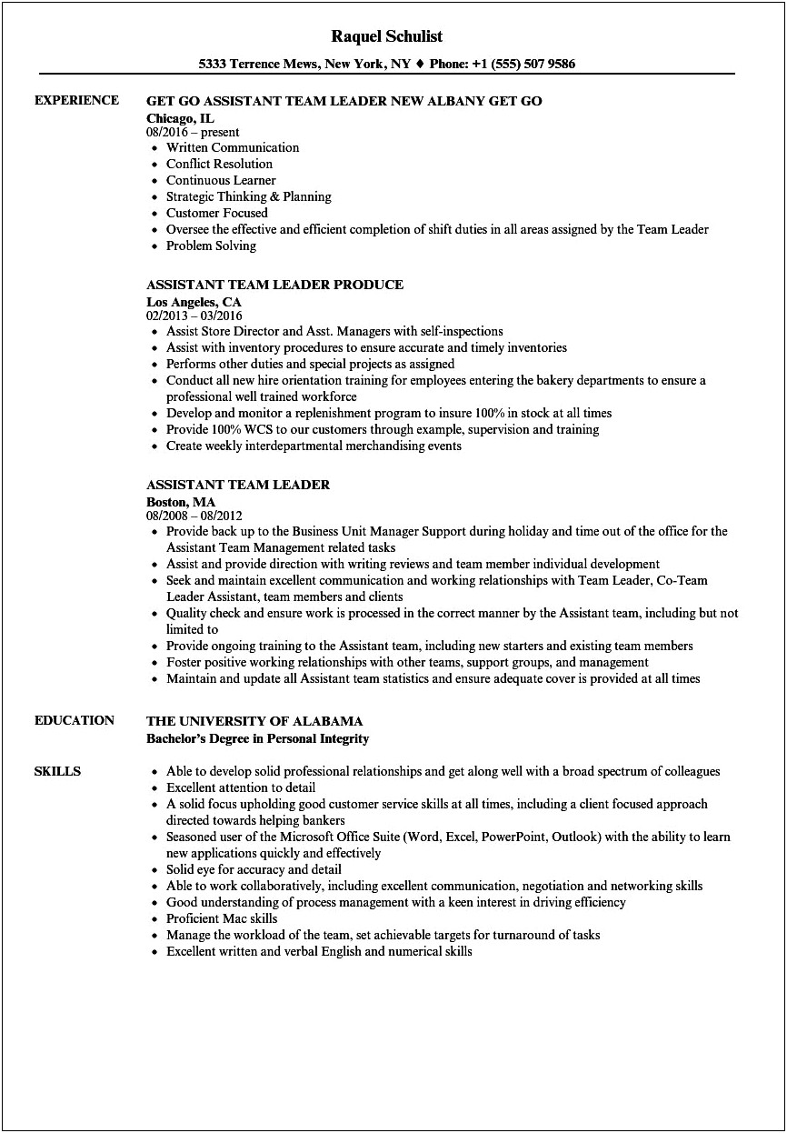 Resume Objective For Team Leader Position