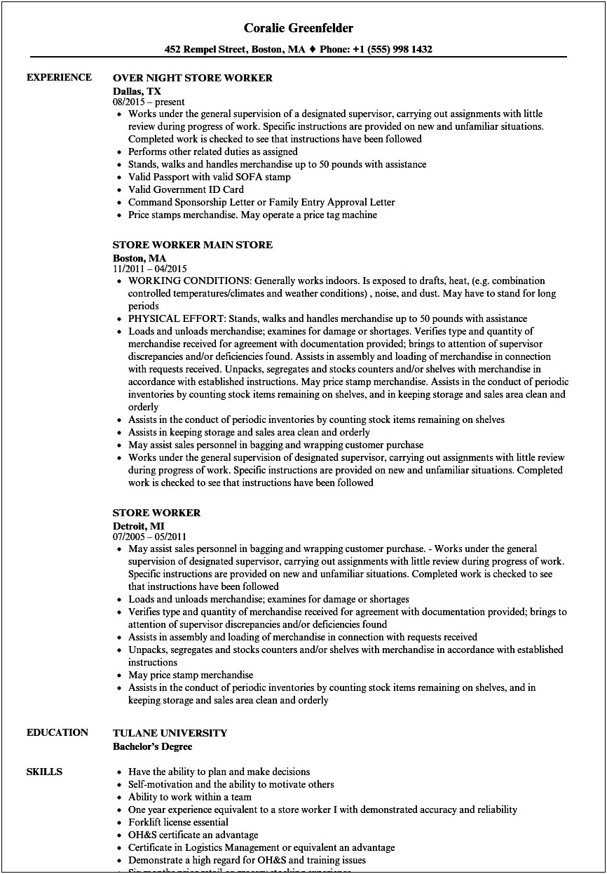 Resume Objective For Working At A Store