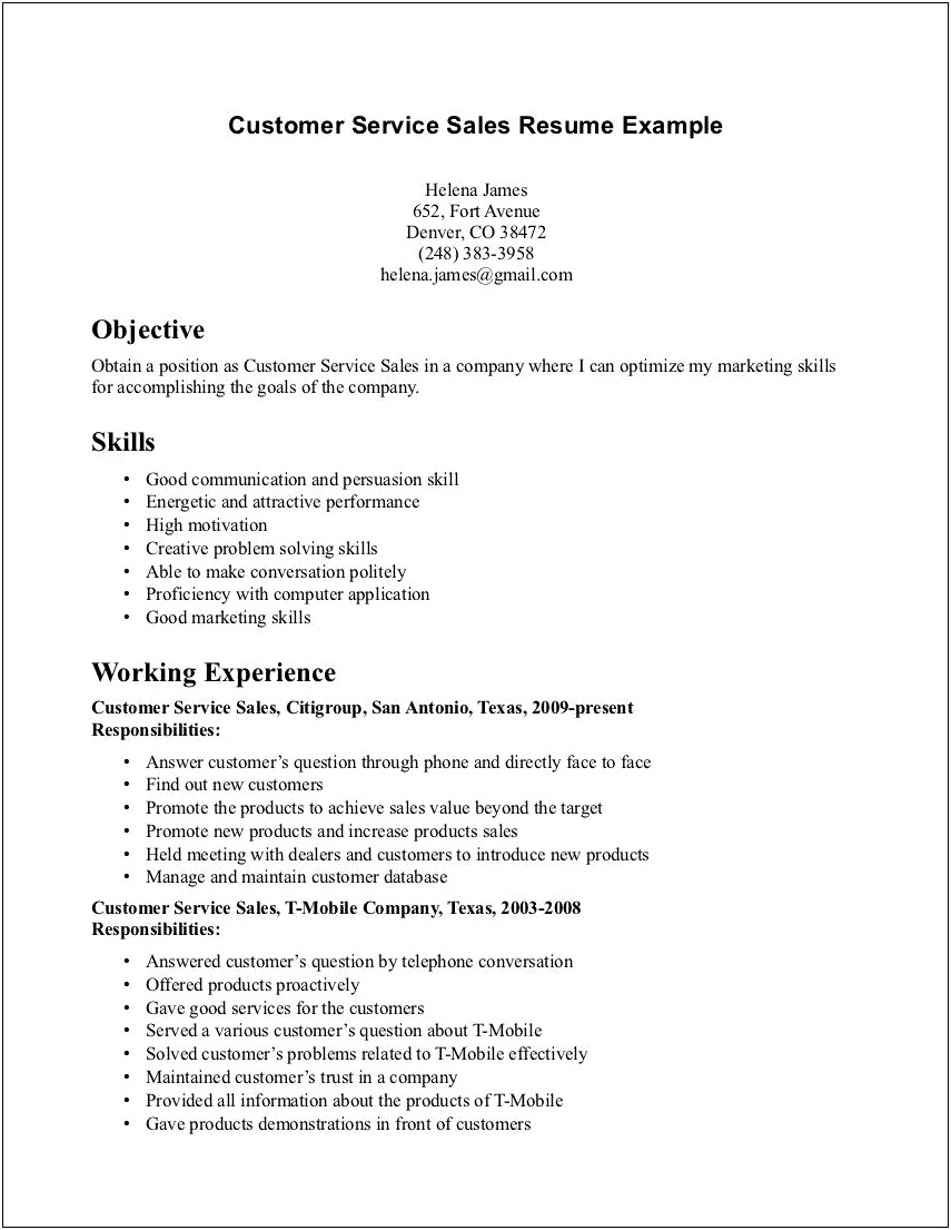 Resume Objective Ideas For Customer Service