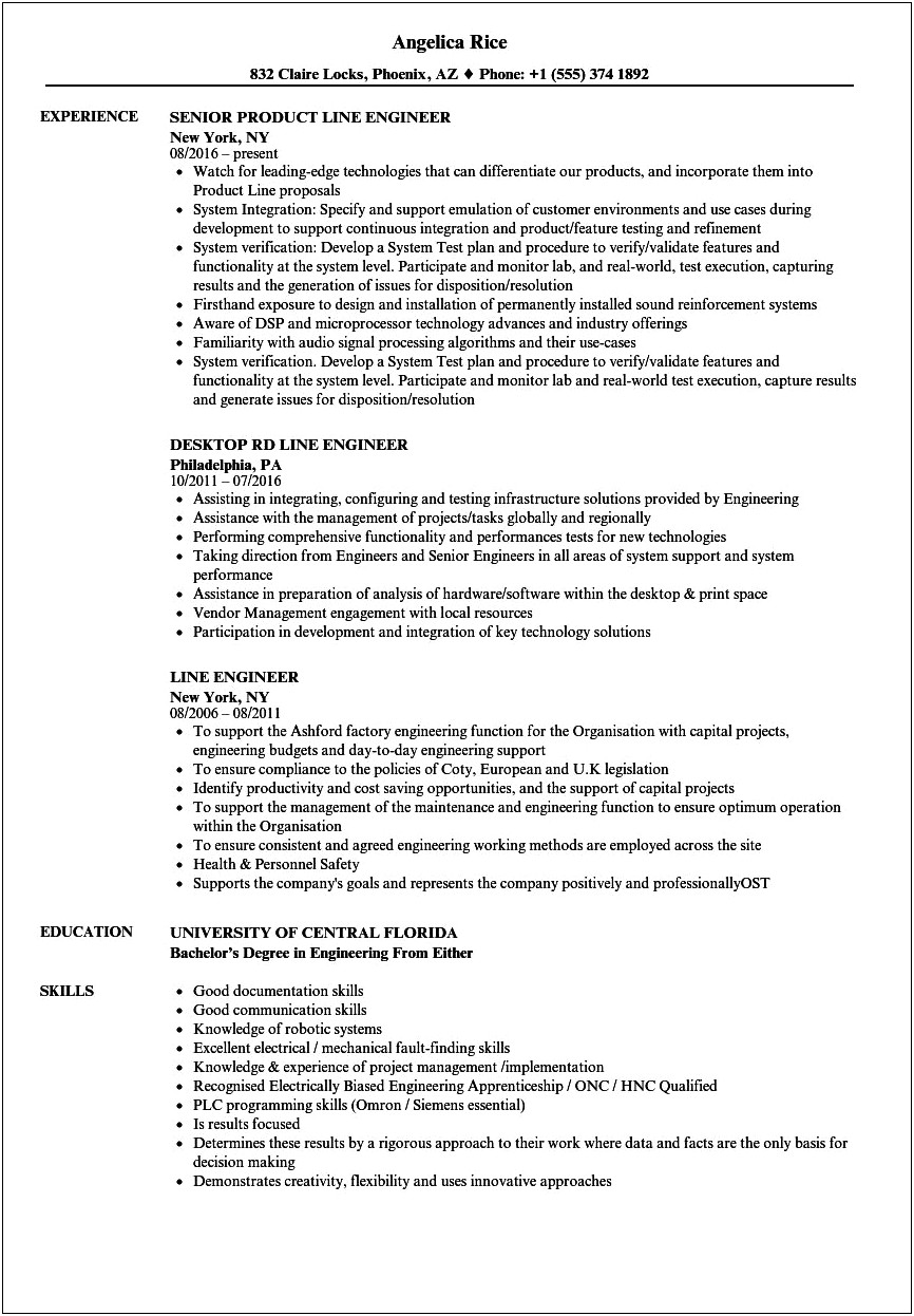 Resume Objective Lines For Experienced Engineer