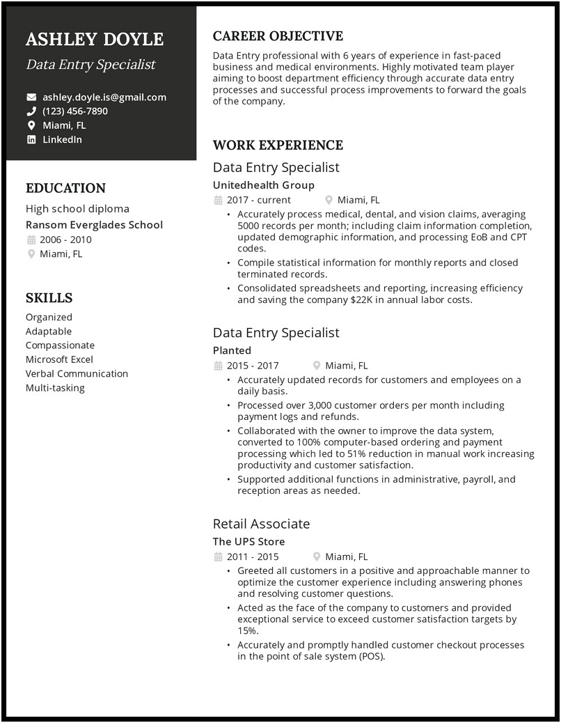 Resume Objective Sample For Data Entry